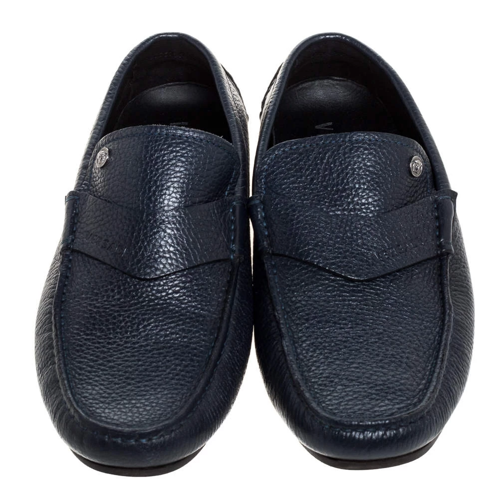 Versace Navy Blue Leather Slip On Loafers Size 40 For Men - Image 3