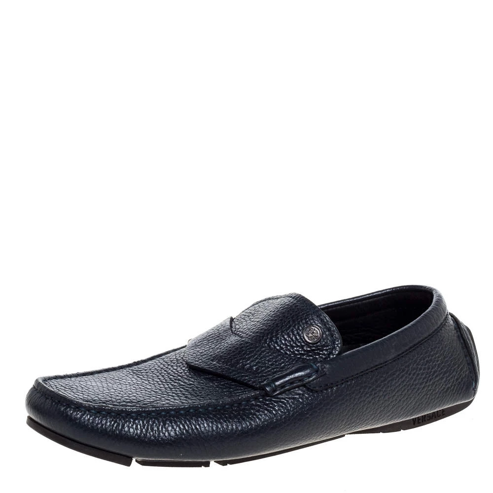 Versace Navy Blue Leather Slip On Loafers Size 40 For Men