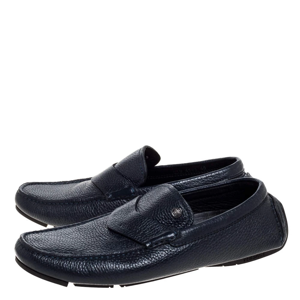 Versace Navy Blue Leather Slip On Loafers Size 40 For Men - Image 4