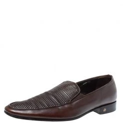 Versace Brown Woven Leather Slip On Loafers Size 46 For Men