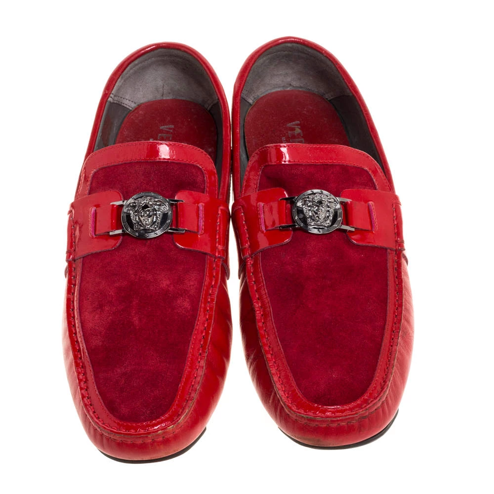 Versace Red Leather And Suede Medusa Detail Slip On Loafers Size 45 For Men - Image 3
