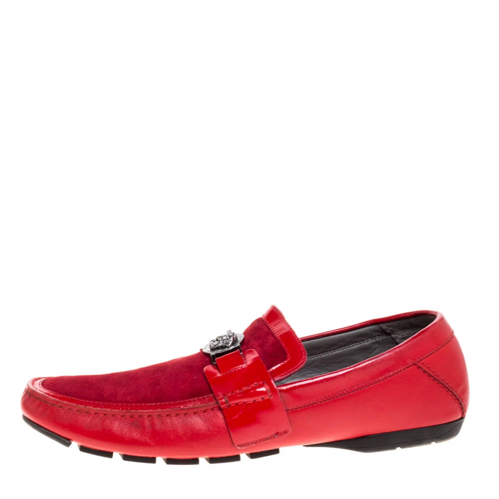 Versace Red Leather And Suede Medusa Detail Slip On Loafers Size 45 For Men - Image 2