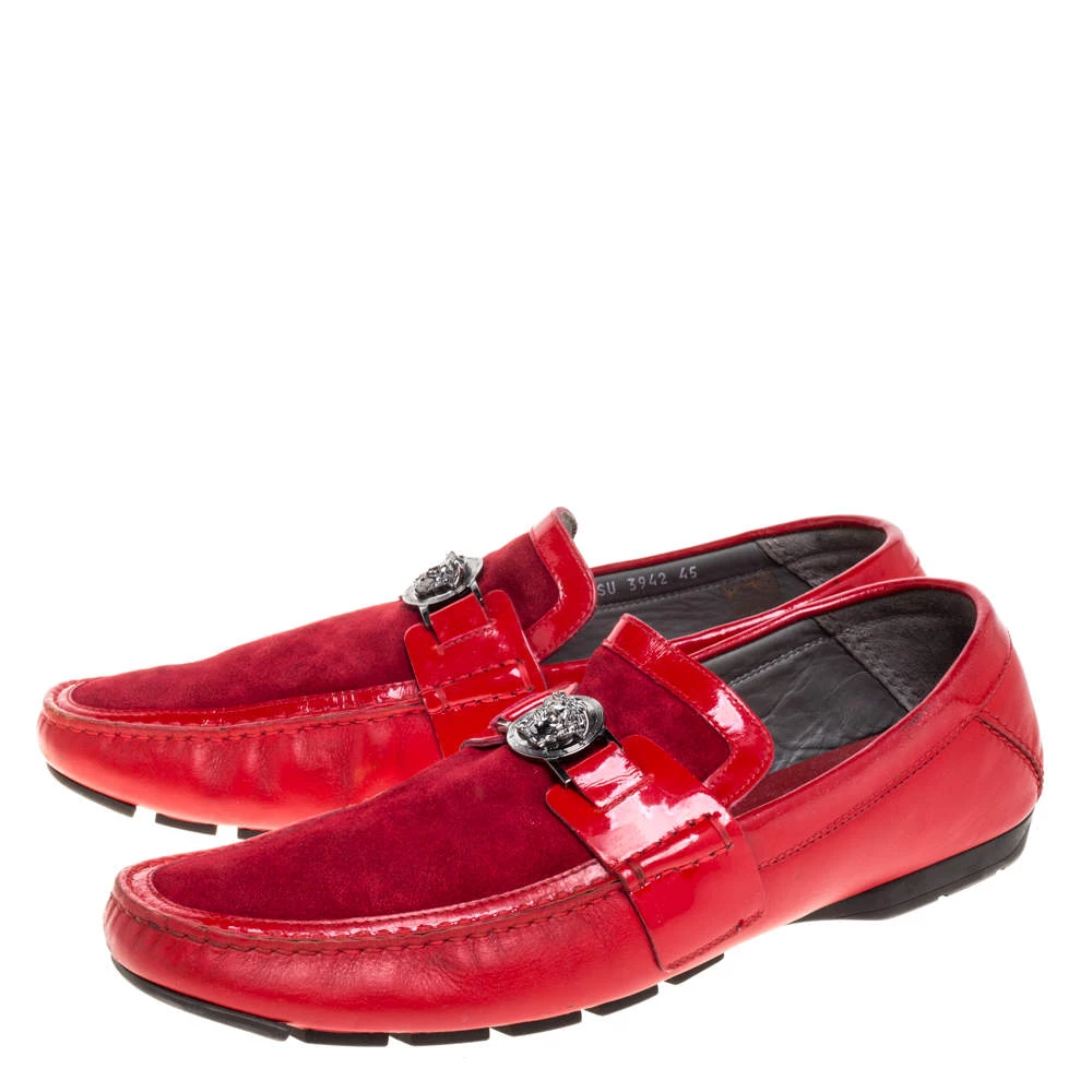 Versace Red Leather And Suede Medusa Detail Slip On Loafers Size 45 For Men - Image 4