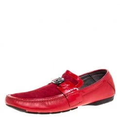 Versace Red Leather And Suede Medusa Detail Slip On Loafers Size 45 For Men