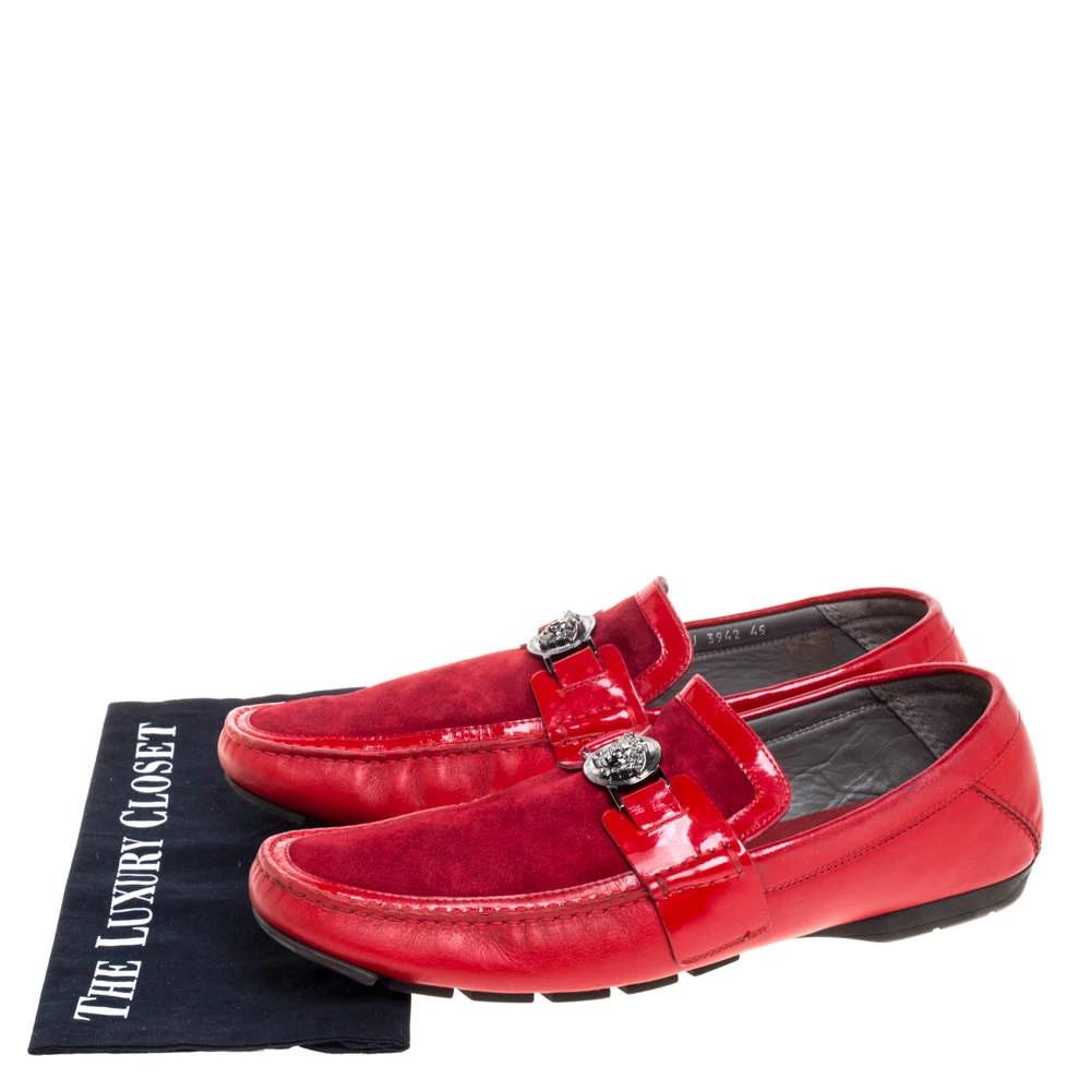 Versace Red Leather And Suede Medusa Detail Slip On Loafers Size 45 For Men - Image 8