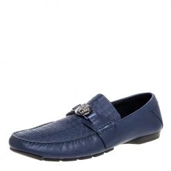Versace Blue Logo Embossed Leather Medusa Loafers Size 45 For Men