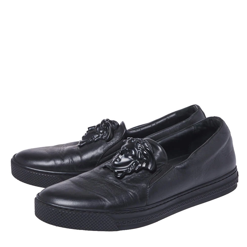 Versace Black Leather Medusa Slip-On Low Top Sneakers Size 40 For Men - Image 4