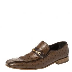 Versace Brown Ostrich Medusa Chain Detail Loafers Size 44 For Men