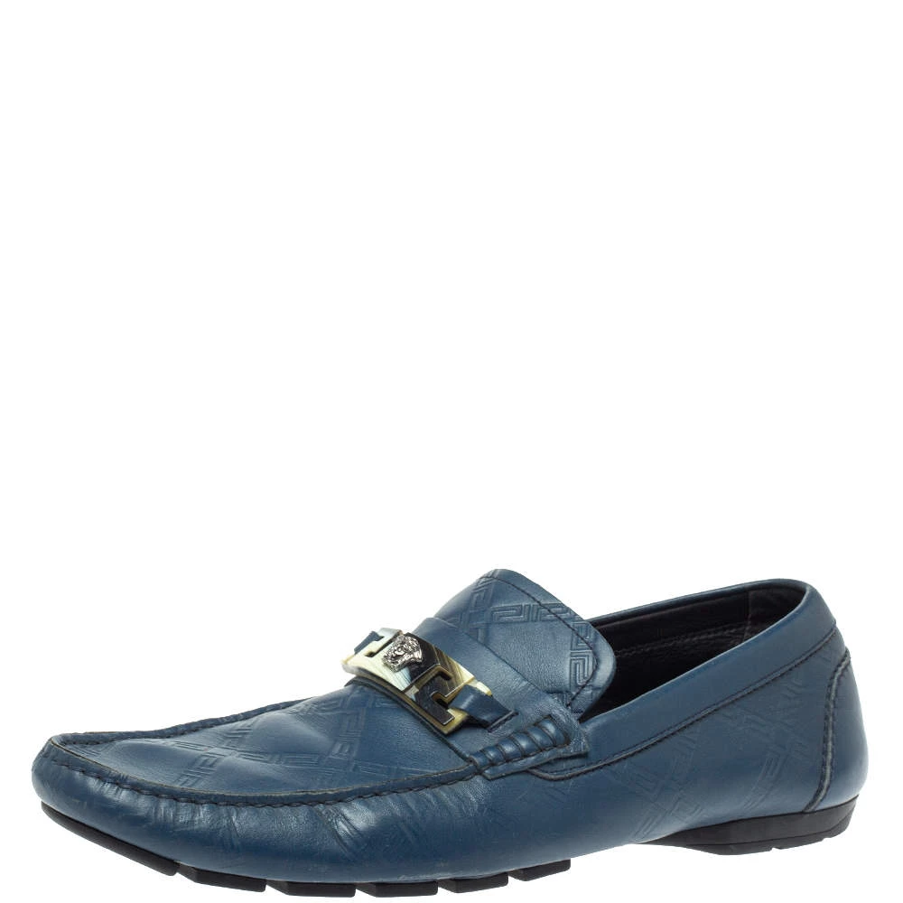 Versace Blue Leather Meander Pattern Medusa Slip On Loafers Size 43 For Men