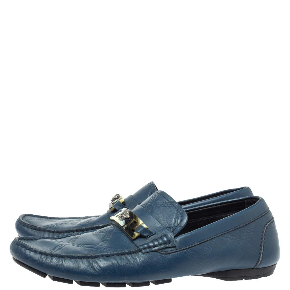 Versace Blue Leather Meander Pattern Medusa Slip On Loafers Size 43 For Men - Image 4