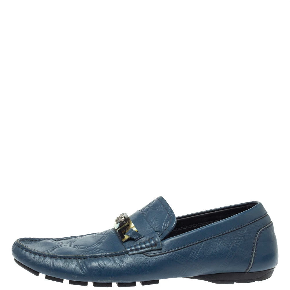 Versace Blue Leather Meander Pattern Medusa Slip On Loafers Size 43 For Men - Image 2