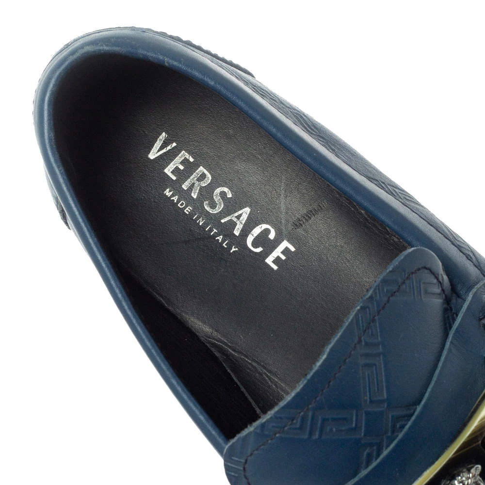 Versace Blue Leather Meander Pattern Medusa Slip On Loafers Size 43 For Men - Image 7