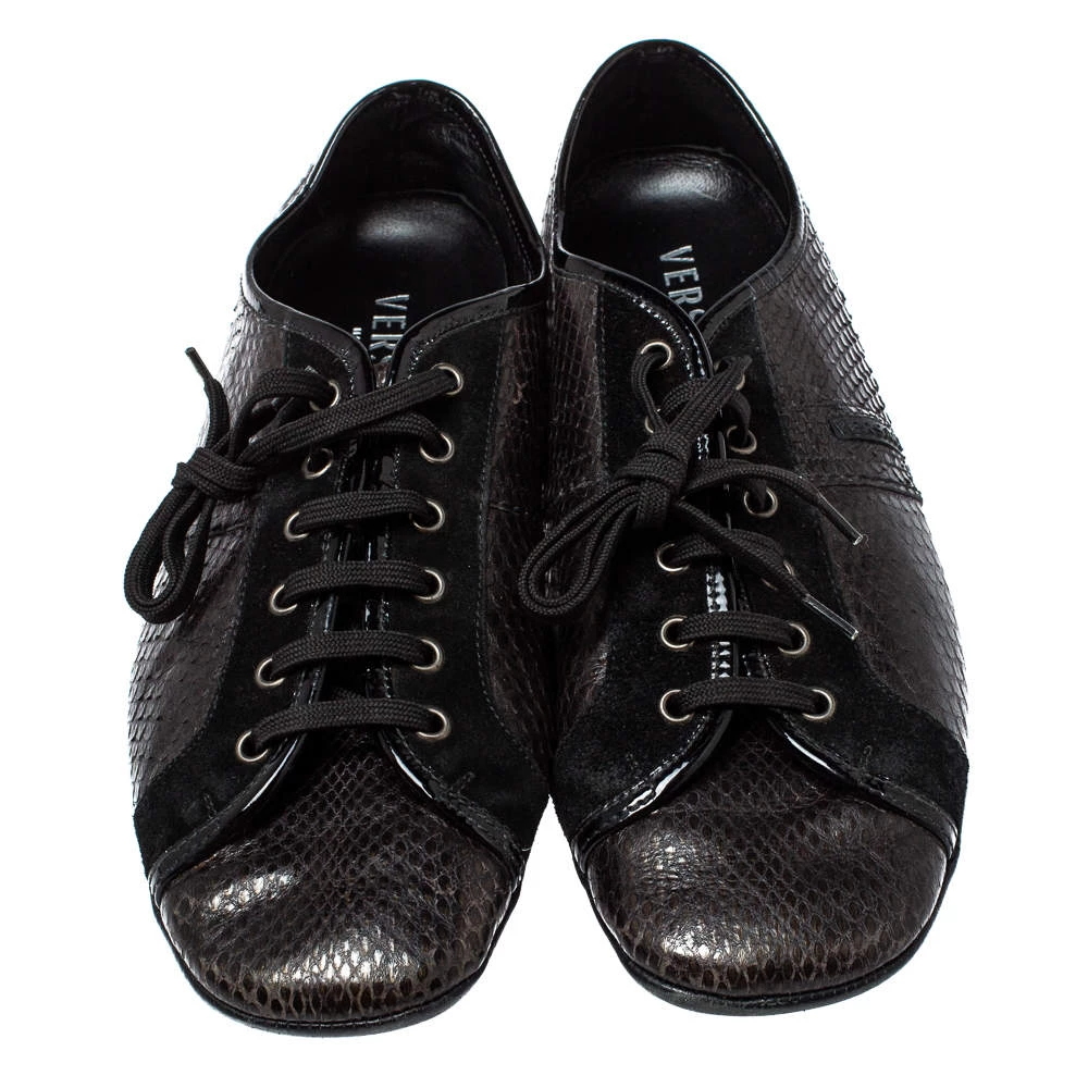 Versace Dark Brown/Black Python And Suede Low Top Sneakers Size 44 For Men - Image 3