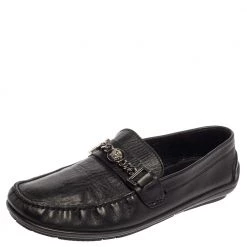 Versace Black Leather Medusa Icon Chain Detail Loafers Size 45 For Men