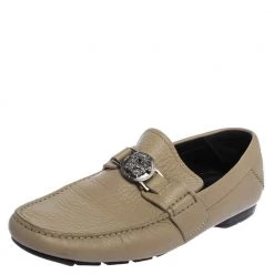 Versace Beige Leather Medusa Embellished Slip On Loafers Size 40 For Men