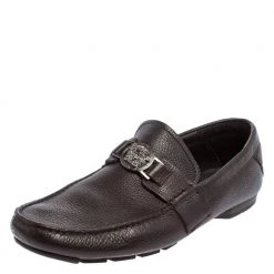 Versace Dark Brown Leather Medusa Embellished Slip On Loafers 41 For Men