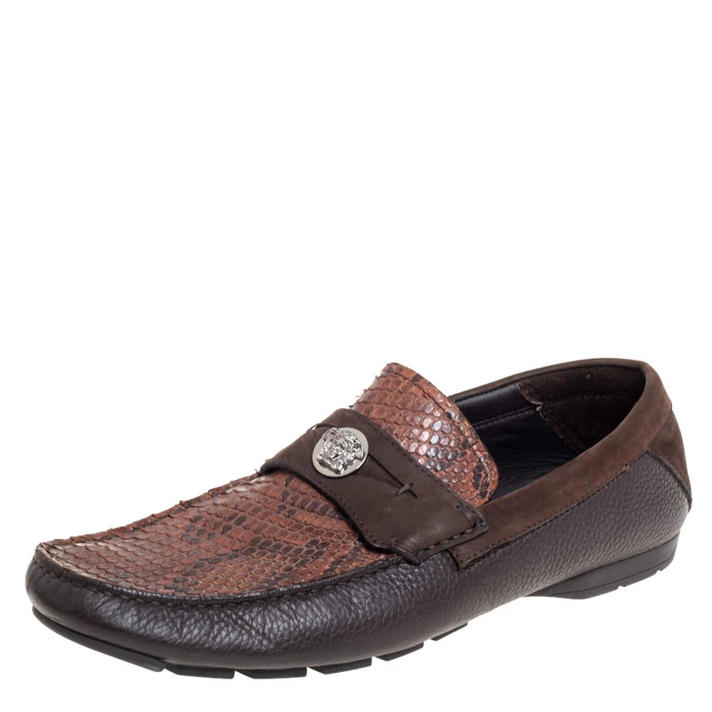 Versace Brown Leather And Python Medusa Embellished Penny Slip On Loafers Size 41 For Men
