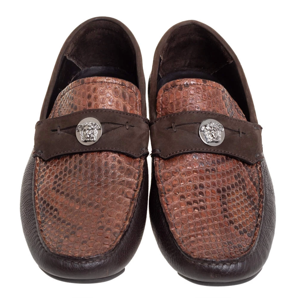Versace Brown Leather And Python Medusa Embellished Penny Slip On Loafers Size 41 For Men - Image 3