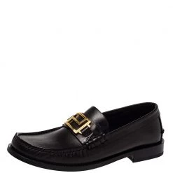 Versace Black Leather Metal Logo Slip On Loafers Size 41 For Men