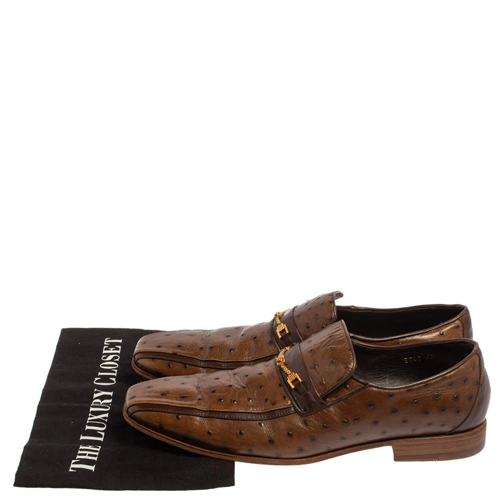 Versace Brown Ostrich Leather Medusa Chain Detail Loafers Size 43 For Men - Image 8