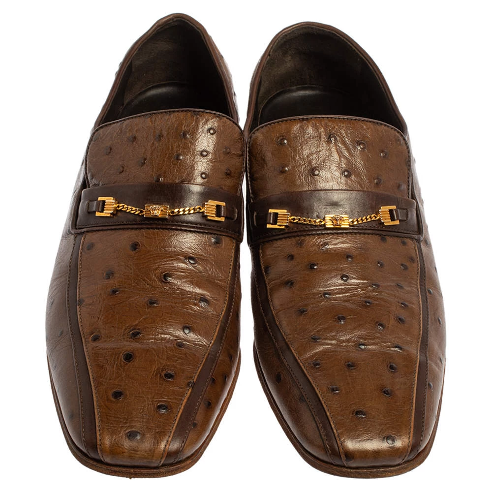 Versace Brown Ostrich Leather Medusa Chain Detail Loafers Size 43 For Men - Image 3