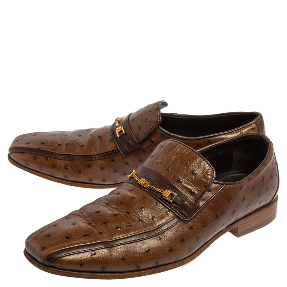 Versace Brown Ostrich Leather Medusa Chain Detail Loafers Size 43 For Men - Image 4