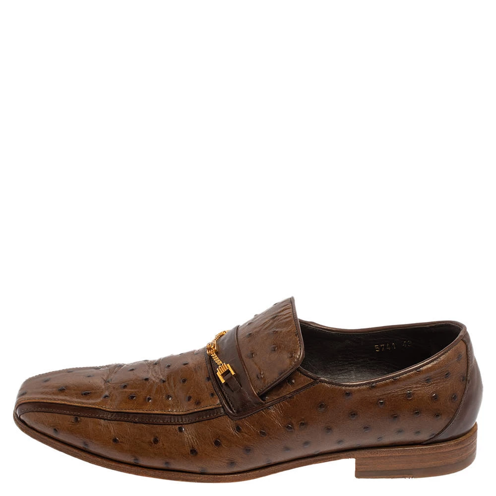 Versace Brown Ostrich Leather Medusa Chain Detail Loafers Size 43 For Men - Image 2