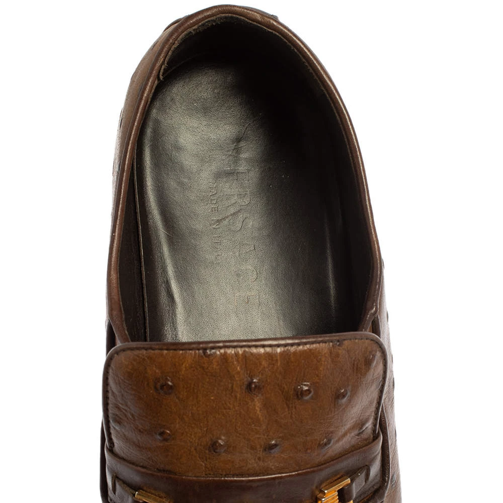 Versace Brown Ostrich Leather Medusa Chain Detail Loafers Size 43 For Men - Image 7