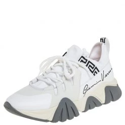 Versace White Nubuck Leather And Knit Fabric Squalo Low Top Sneakers Size 43.5 For Men