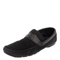Versace Black Suede And Leather Slip On Loafers Size 44 For Men
