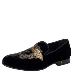 Versace Black Velvet Embroidered Medusa Smoking Slippers Size 43 For Men