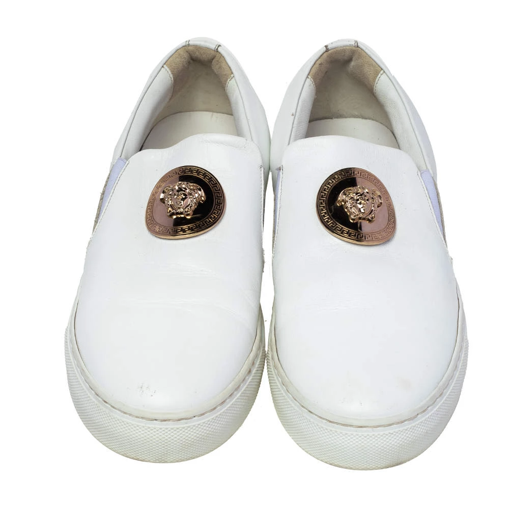 Versace White Leather Palazzo Medusa Slip-On Sneakers Size 39 For Men - Image 3