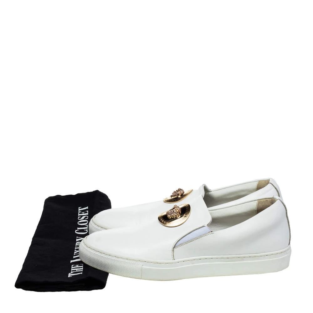 Versace White Leather Palazzo Medusa Slip-On Sneakers Size 39 For Men - Image 8