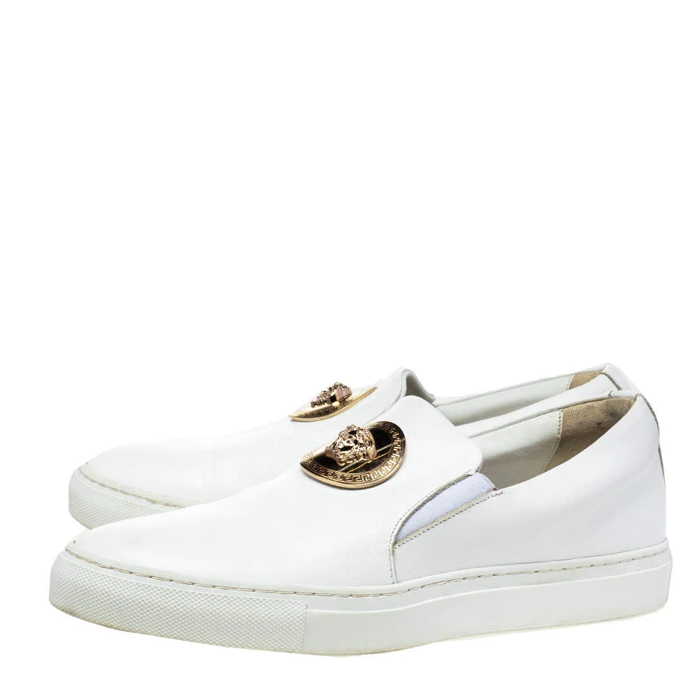 Versace White Leather Palazzo Medusa Slip-On Sneakers Size 39 For Men - Image 4
