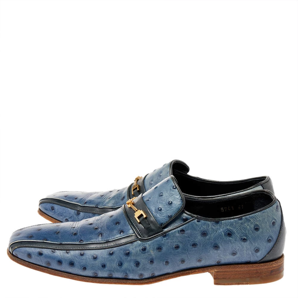 Versace Blue Ostrich Leather Medusa Chain Detail Loafers Size 41 For Men - Image 4