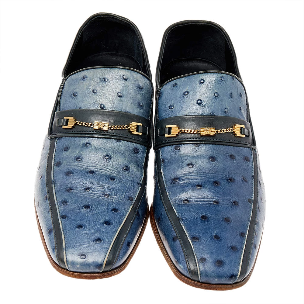 Versace Blue Ostrich Leather Medusa Chain Detail Loafers Size 41 For Men - Image 3