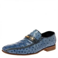 Versace Blue Ostrich Leather Medusa Chain Detail Loafers Size 41 For Men