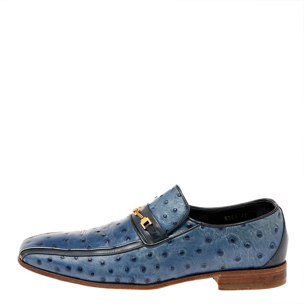 Versace Blue Ostrich Leather Medusa Chain Detail Loafers Size 41 For Men - Image 2