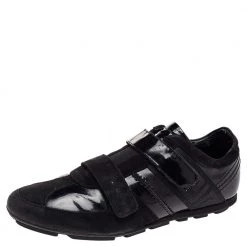 Versace Black Patent Leather And Suede Double Velcro Strap Low Top Sneakers Size 40 For Men