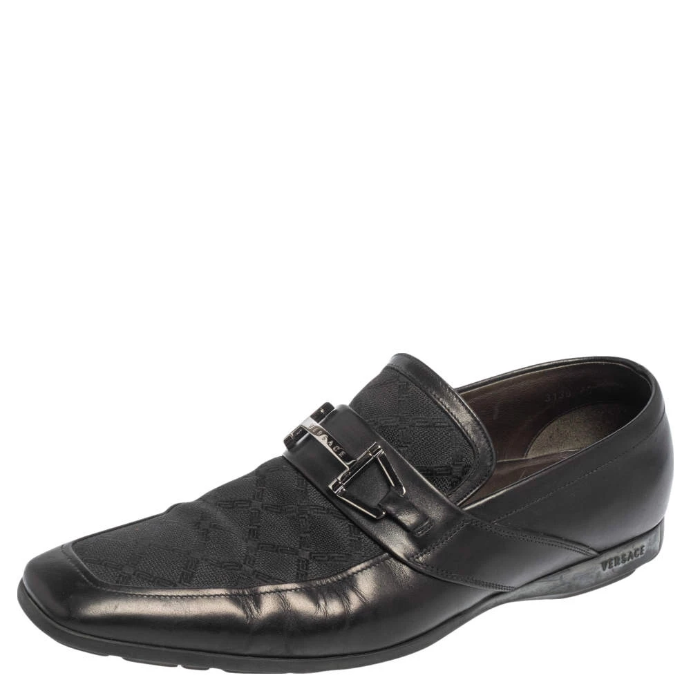 Versace Black Leather And Fabric Pointed Square Toe Loafers Size 40 For Men