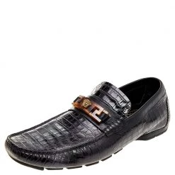 Versace Black Croc Embossed Leather Medusa Loafers Size 42 For Men