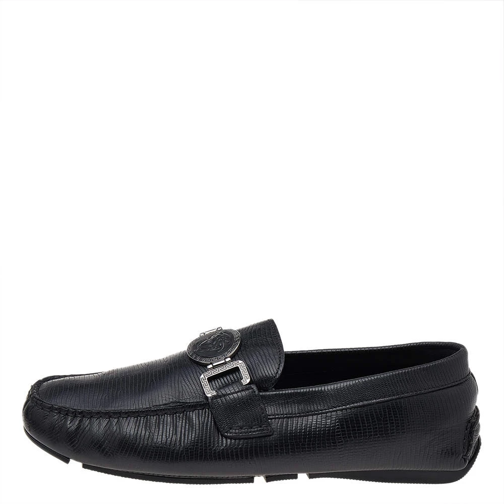 Versace Black Lizard Leather Medusa Slip On Loafers Size 41 For Men - Image 2