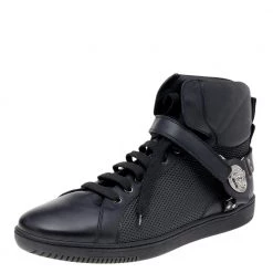 Versace Black Leather Medallion High Top Sneakers Size 44 For Men