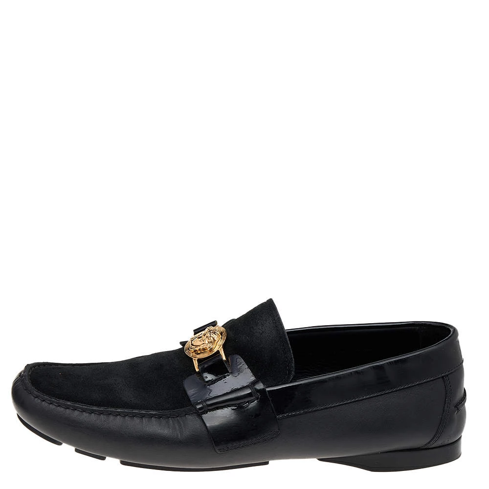 Versace Black Suede And Leather Medusa Embellished Slip On Loafers Size 44 For Men - Image 2