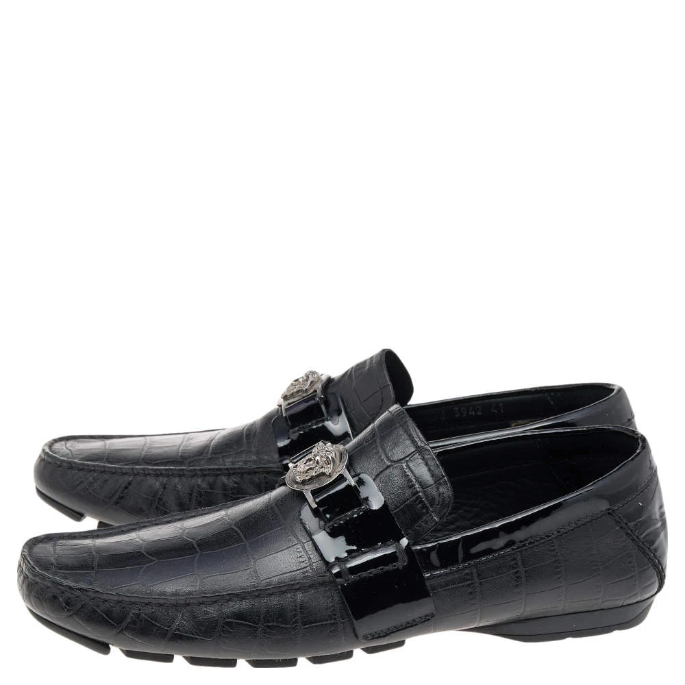 Versace Black Croc Embossed And Patent Leather Medusa Loafers Size 41 For Men - Image 4
