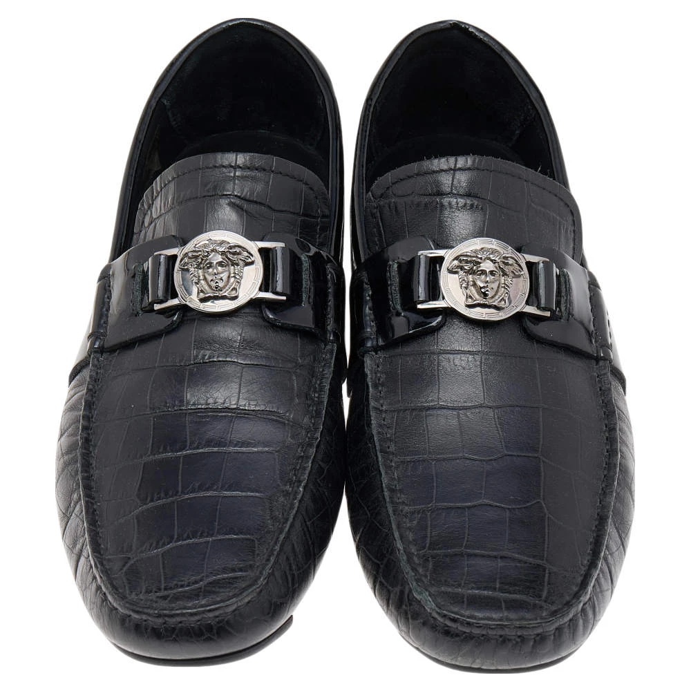 Versace Black Croc Embossed And Patent Leather Medusa Loafers Size 41 For Men - Image 3
