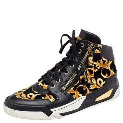 Versace Black/Gold Barocco Print Velvet And Leather Medusa High Top Sneakers Size 40.5 For Men