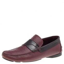 Versace Burgundy Monogram Embossed Leather Slip On Loafers Size 43 For Men
