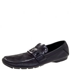 Versace Black Patent Leather And Signature Canvas Medusa Detail Slip On Loafers Size 44 For Men