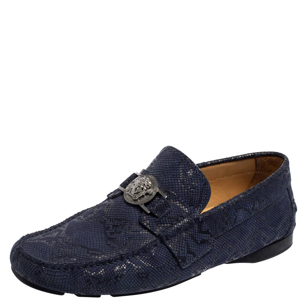 Versace Blue Nubuck Leather Medusa Slip On Loafers Size 40 For Men